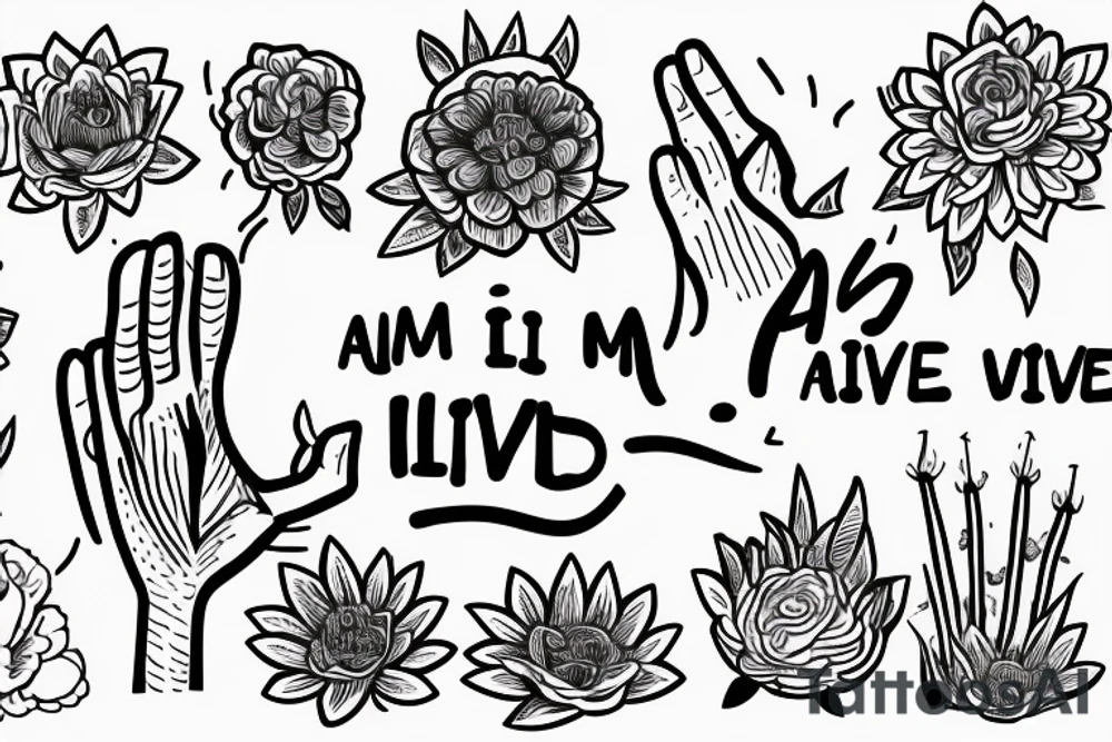 A hand reaching out into a bright, sunny sky, surrounded by flowers. The quote "I am alive, I live, I breathe" under tattoo idea