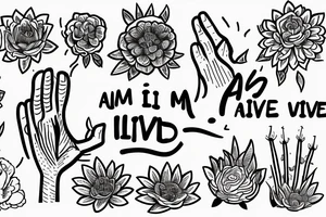 A hand reaching out into a bright, sunny sky, surrounded by flowers. The quote "I am alive, I live, I breathe" under tattoo idea