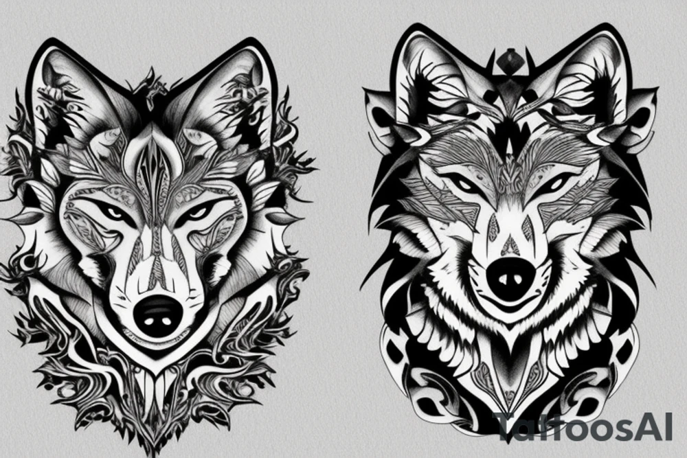 Two black and white wolves on scales tattoo idea