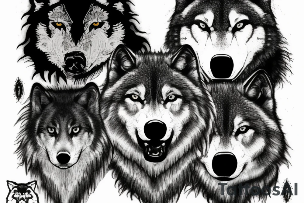 Two black and white wolves standing on scales tattoo idea