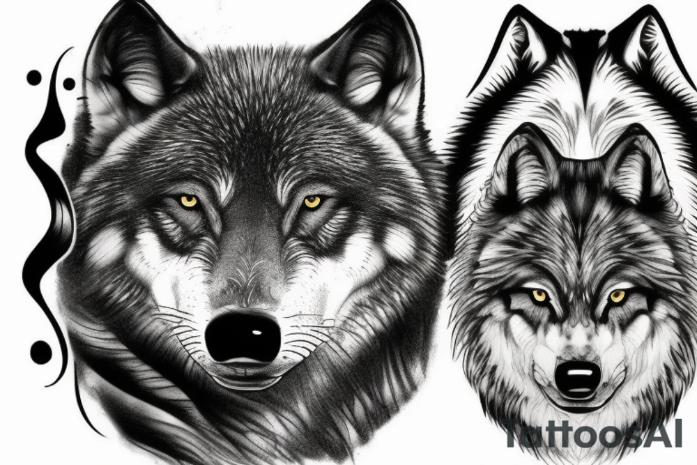 Two black and white wolves standing on scales tattoo idea