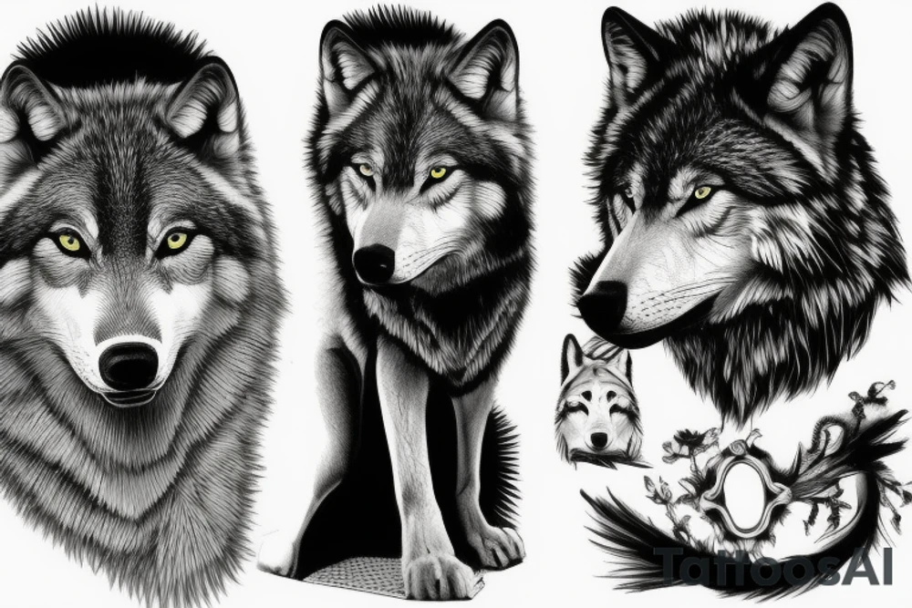 Two black and white wolves standing on scales tattoo idea