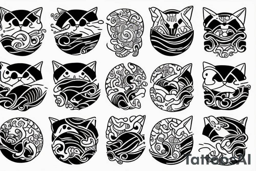 Burning cat is drowning in the water with waves tattoo idea Burning cat is drowning in the water with waves tattoo idea