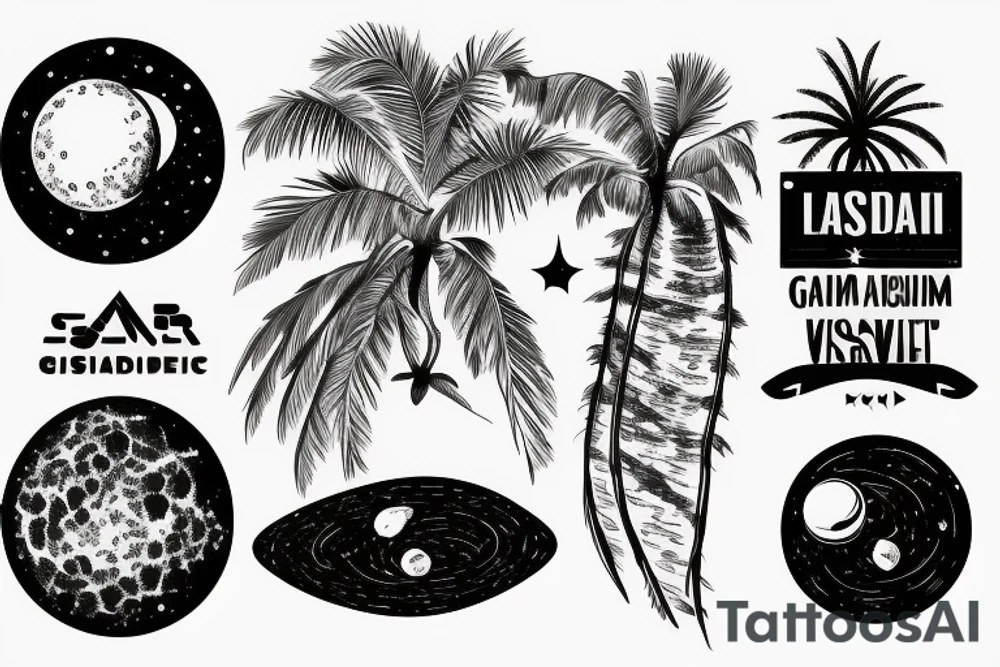 Palm tree on an asteroid or comet in space with galactic waves in the background tattoo idea