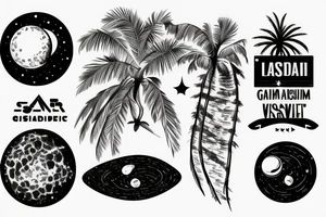 Palm tree on an asteroid or comet in space with galactic waves in the background tattoo idea