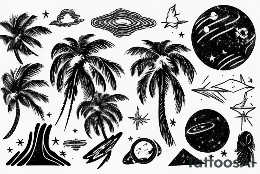 Palm tree on an asteroid or comet in space with galactic waves in the background tattoo idea