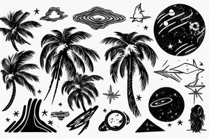 Palm tree on an asteroid or comet in space with galactic waves in the background tattoo idea