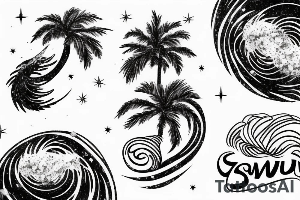 Palm tree on an asteroid or comet in space with galactic waves in the background tattoo idea