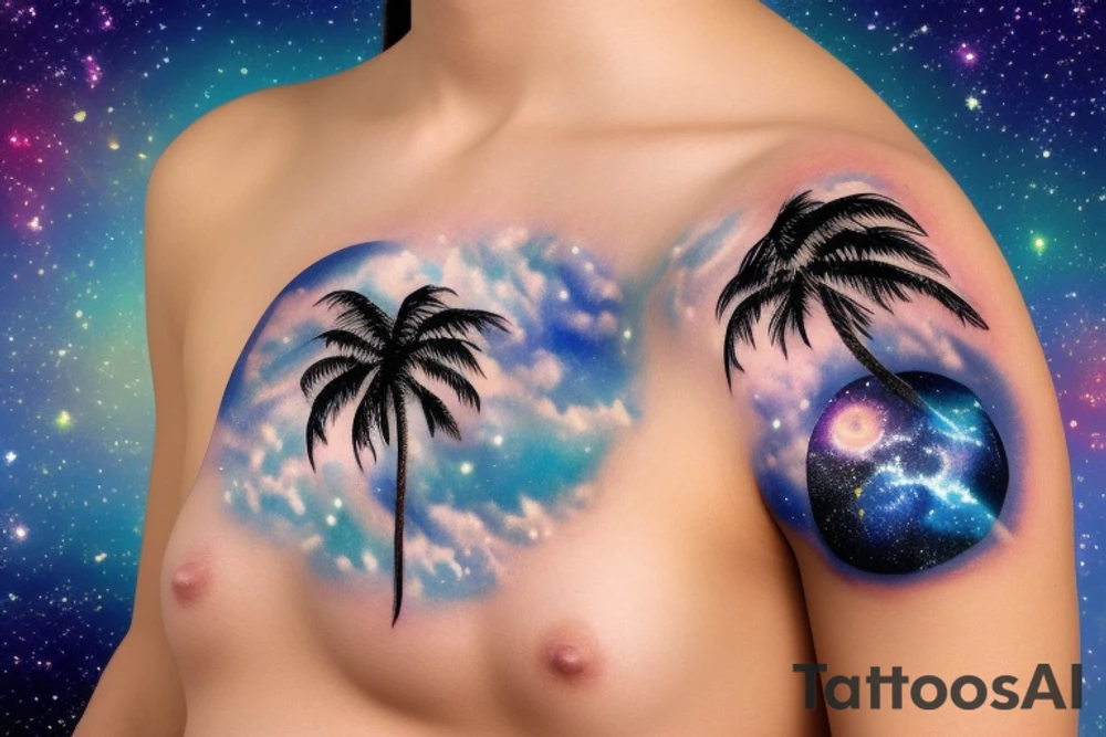 Palm tree on an asteroid in space with galactic waves in the background tattoo idea