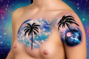 Palm tree on an asteroid in space with galactic waves in the background tattoo idea