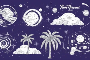 Palm tree on an asteroid in space with galactic waves in the background tattoo idea