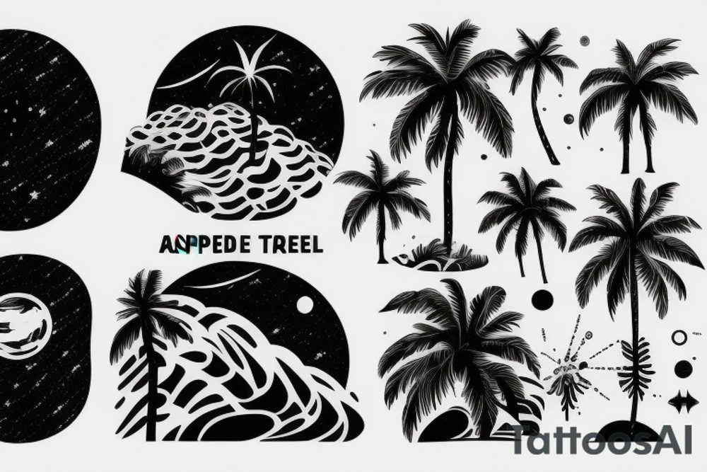 Palm tree on an asteroid in space with waves in the background tattoo idea