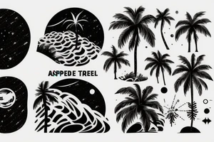 Palm tree on an asteroid in space with waves in the background tattoo idea