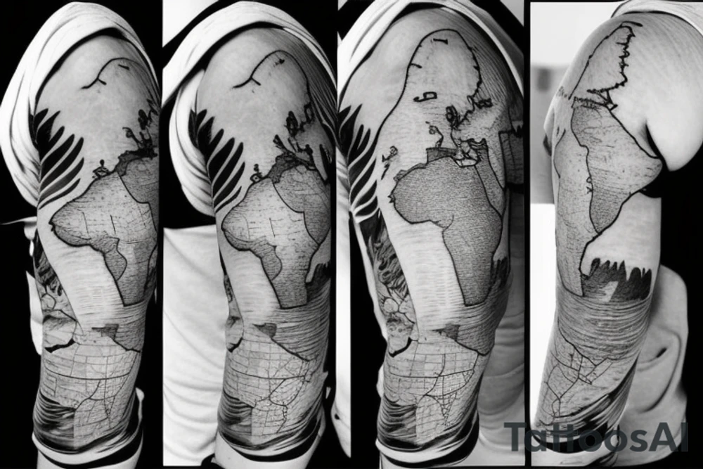 sleeve tattoo which includes a map of the world, the sea, a boat, cancer zodiac sign, waves and 1998 tattoo idea
