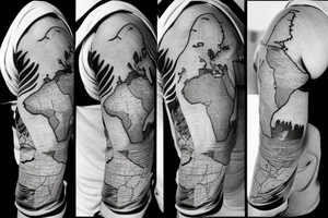 sleeve tattoo which includes a map of the world, the sea, a boat, cancer zodiac sign, waves and 1998 tattoo idea