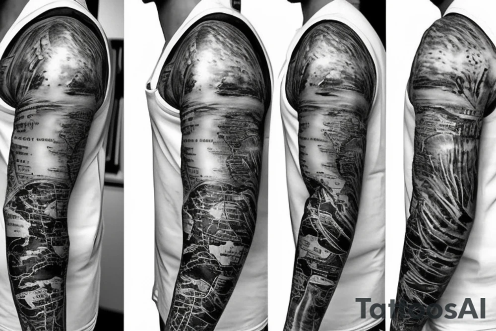 sleeve tattoo which includes a map of the world, the sea, a boat, cancer zodiac sign, waves and 1998 tattoo idea
