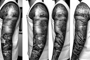 sleeve tattoo which includes a map of the world, the sea, a boat, cancer zodiac sign, waves and 1998 tattoo idea