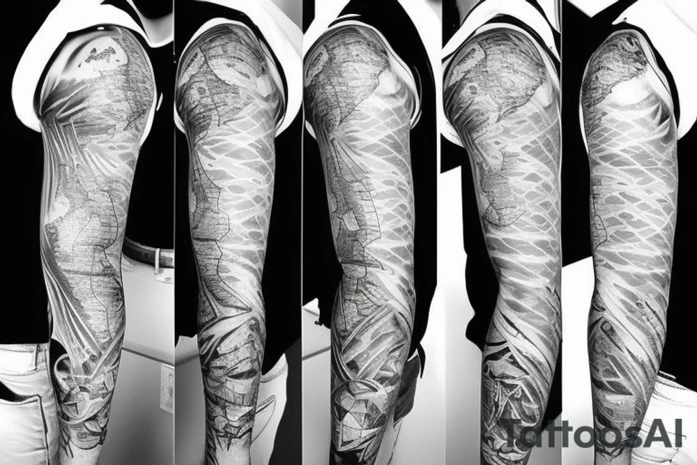 sleeve tattoo which includes a map of the world, the sea, a boat, cancer zodiac sign, waves and 1998 tattoo idea