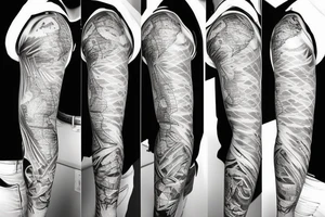 sleeve tattoo which includes a map of the world, the sea, a boat, cancer zodiac sign, waves and 1998 tattoo idea