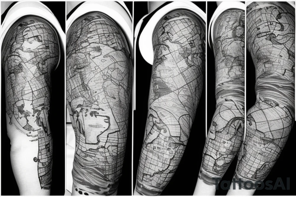 sleeve tattoo which includes a map of the world, the sea, a boat, cancer zodiac sign, waves and 1998 tattoo idea