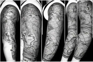 sleeve tattoo which includes a map of the world, the sea, a boat, cancer zodiac sign, waves and 1998 tattoo idea