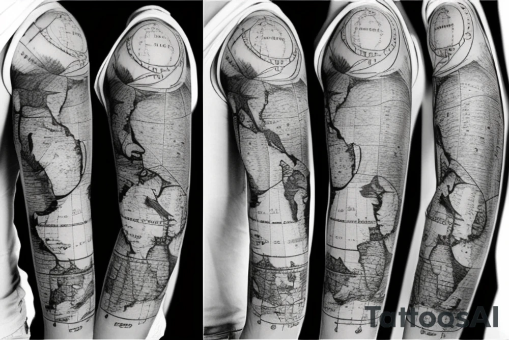 sleeve tattoo which includes a map of the world, the sea, a boat, cancer zodiac sign, waves and 1998 tattoo idea