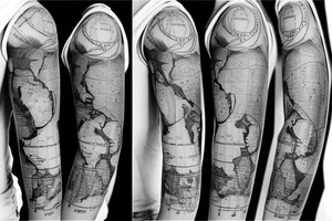 sleeve tattoo which includes a map of the world, the sea, a boat, cancer zodiac sign, waves and 1998 tattoo idea