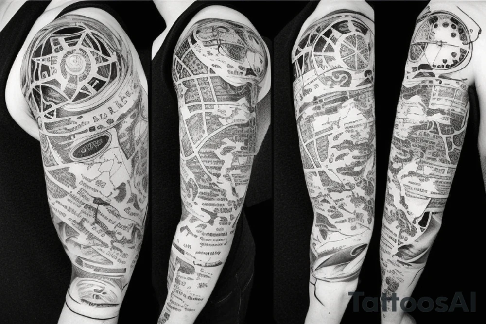 sleeve tattoo which includes a map of the world, the sea, a boat, cancer zodiac sign, waves and 1998 tattoo idea