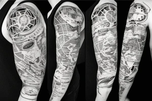 sleeve tattoo which includes a map of the world, the sea, a boat, cancer zodiac sign, waves and 1998 tattoo idea