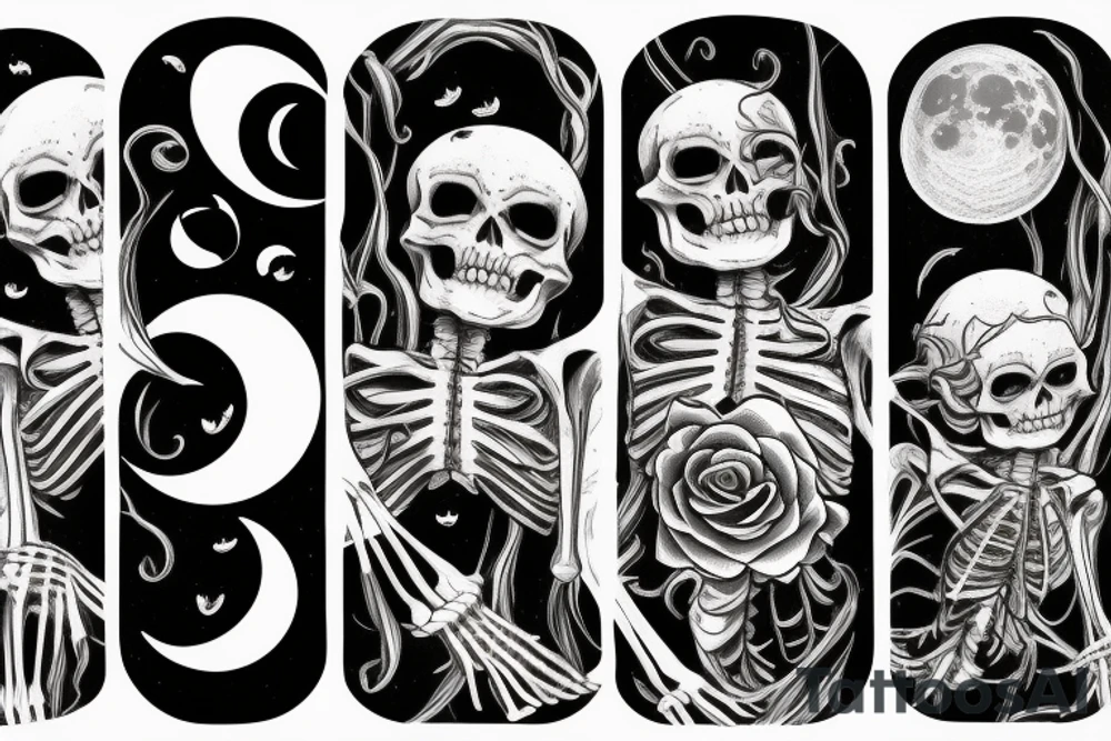 Roses, moon, skeleton crawling from an underwater tavern, moon tattoo idea Roses, moon, skeleton crawling from an underwater tavern, moon tattoo idea
