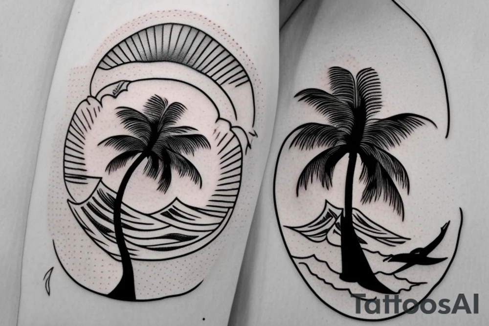 a big beach palm next to the sea in wich there are a shark fin and at the bottom a red sun tattoo idea