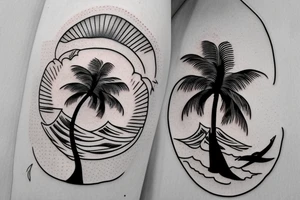 a big beach palm next to the sea in wich there are a shark fin and at the bottom a red sun tattoo idea