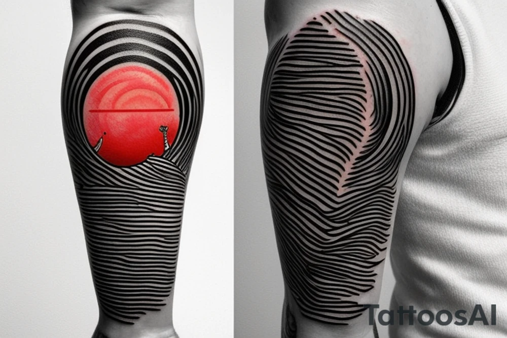 a big beach palm next to the sea in wich there are a shark fin and at the bottom a red sun tattoo idea