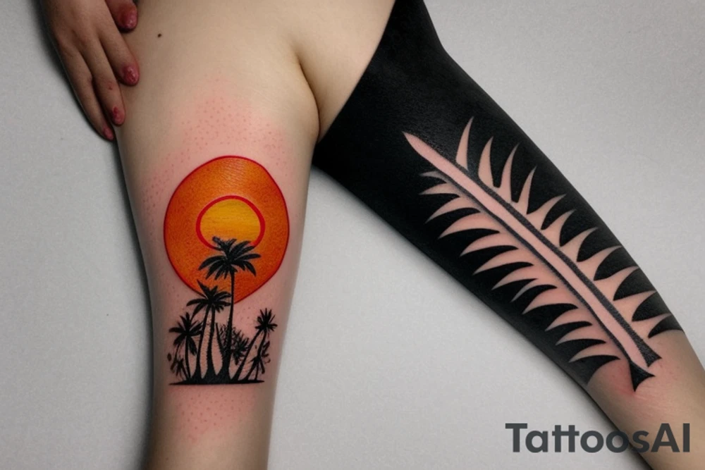 a big beach palm next to a shark fin and at the bottom a red sun tattoo idea