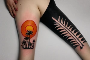 a big beach palm next to a shark fin and at the bottom a red sun tattoo idea