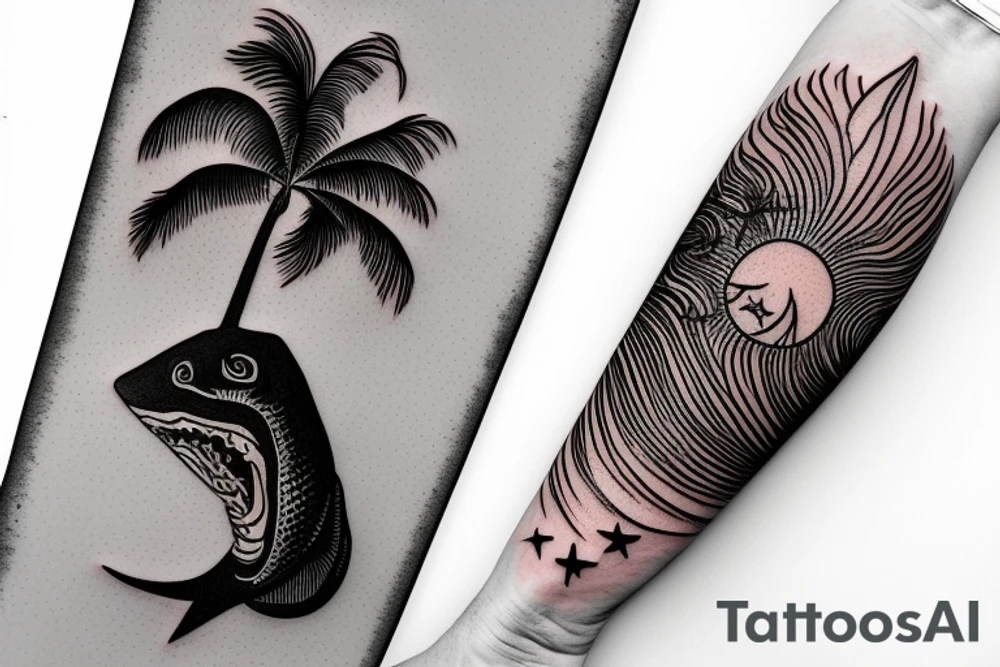 a big beach palm next to a shark fin and at the bottom a red sun tattoo idea