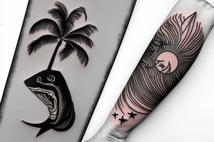 a big beach palm next to a shark fin and at the bottom a red sun tattoo idea