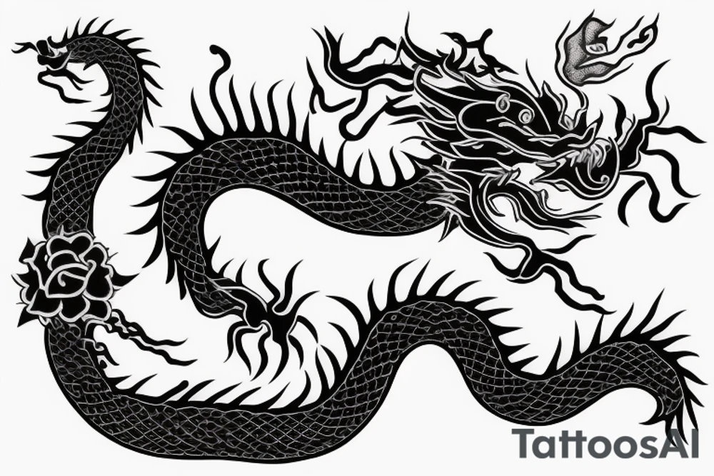 Black Chinese dragon holding golden rose tattoo idea