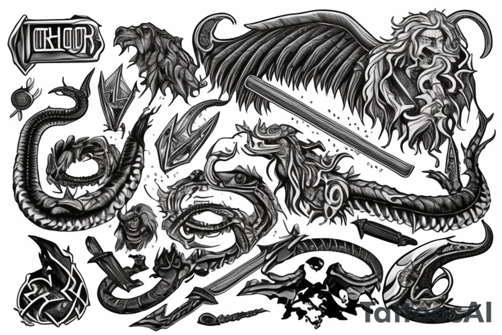 Hammer of Thor surrounded by ouroboros tattoo idea