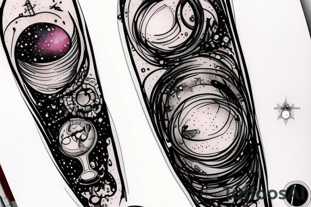 An hourglass full of a galaxy  dripping down leg tattoo idea