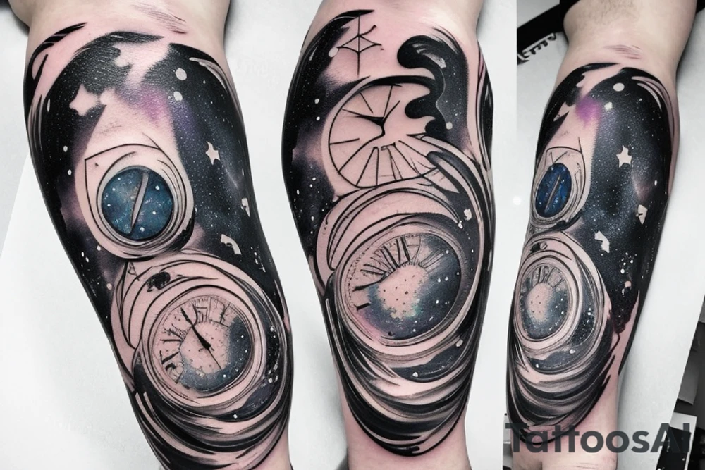 An hourglass full of a galaxy  dripping down leg tattoo idea
