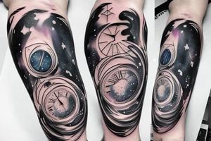 An hourglass full of a galaxy  dripping down leg tattoo idea