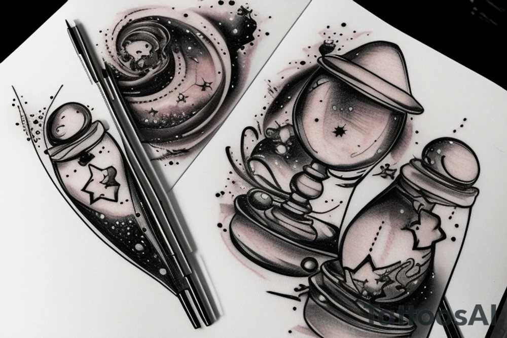 An hourglass full of a galaxy  dripping down leg tattoo idea