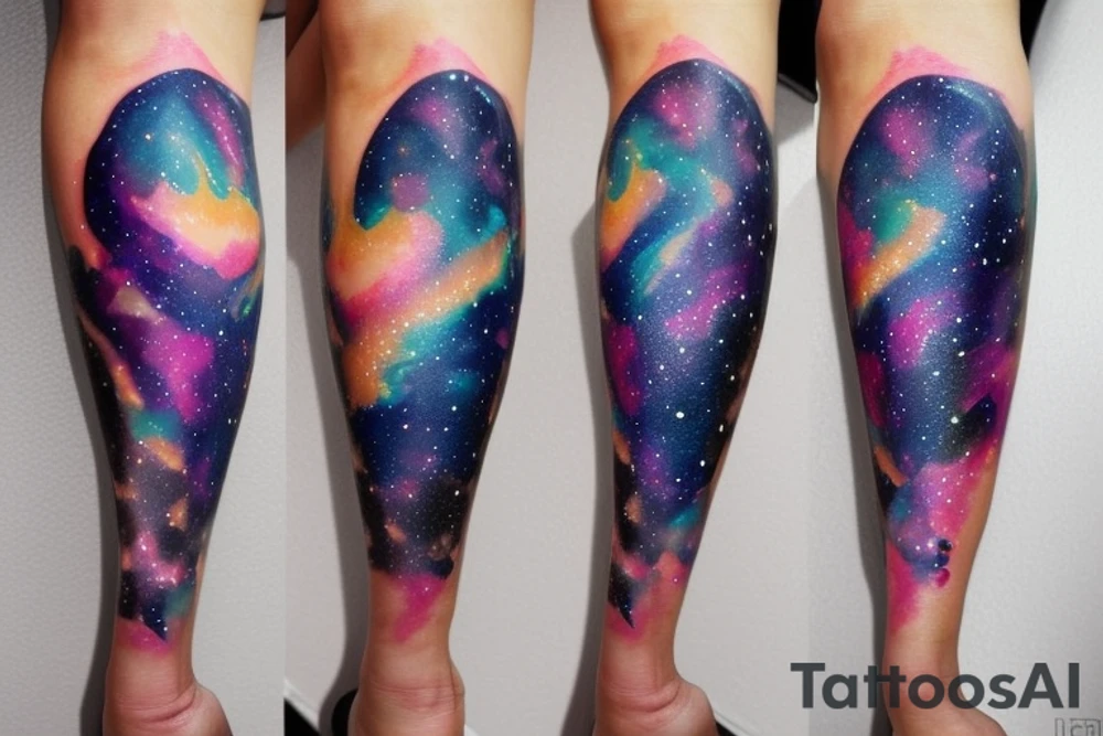 An hourglass full of a galaxy  dripping down leg tattoo idea