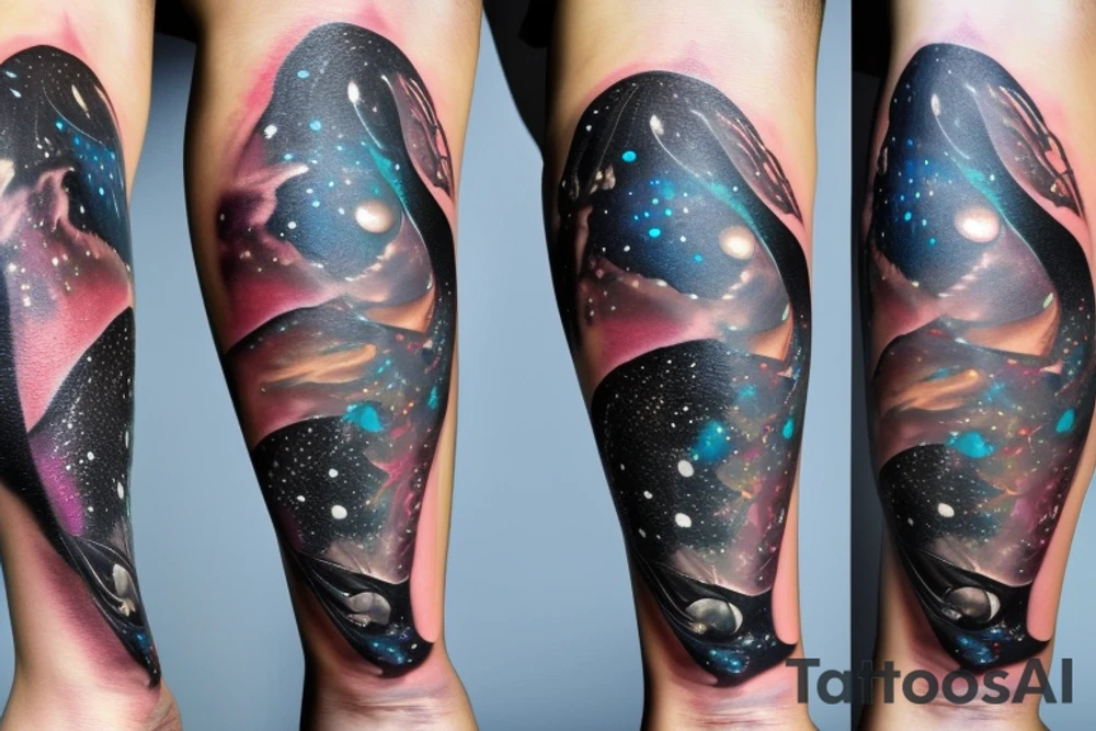 An hourglass full of a galaxy  dripping down leg tattoo idea