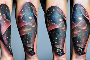 An hourglass full of a galaxy  dripping down leg tattoo idea