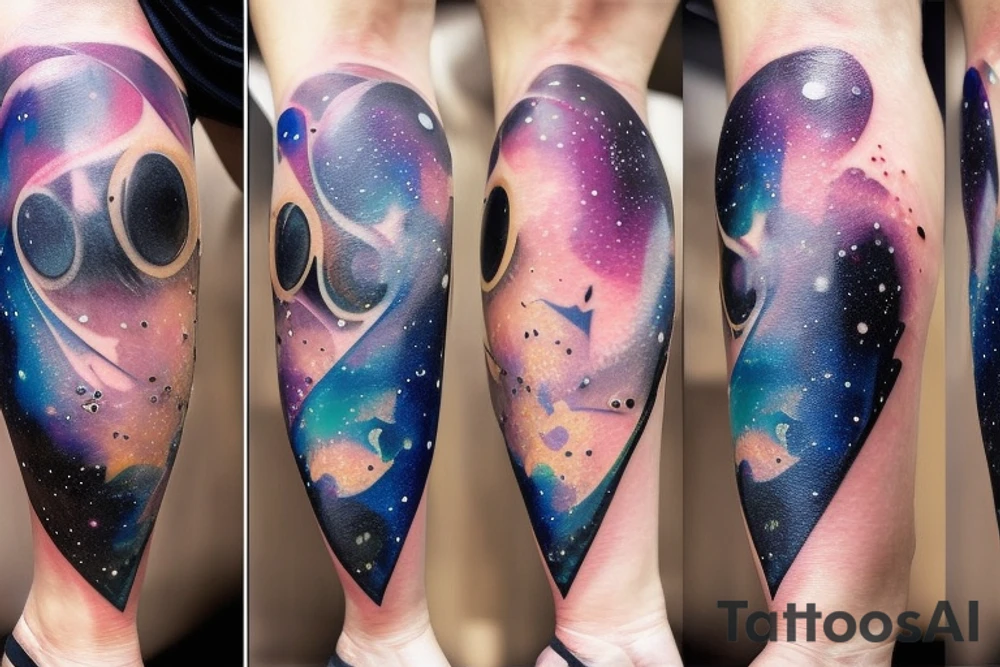 An hourglass full of a galaxy dripping down leg tattoo idea