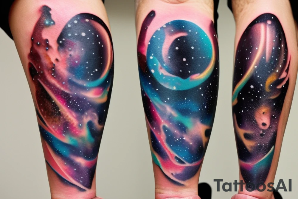 An hourglass full of a galaxy dripping down leg tattoo idea
