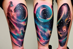 An hourglass full of a galaxy  dripping down leg tattoo idea