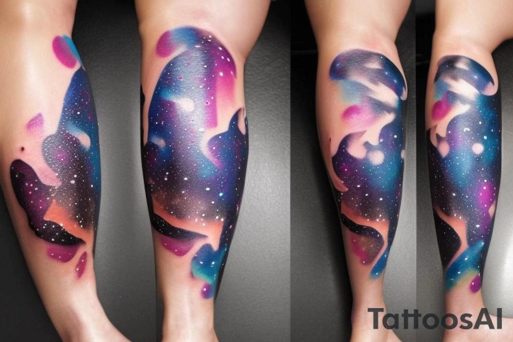 An hourglass full of a galaxy  dripping down leg tattoo idea